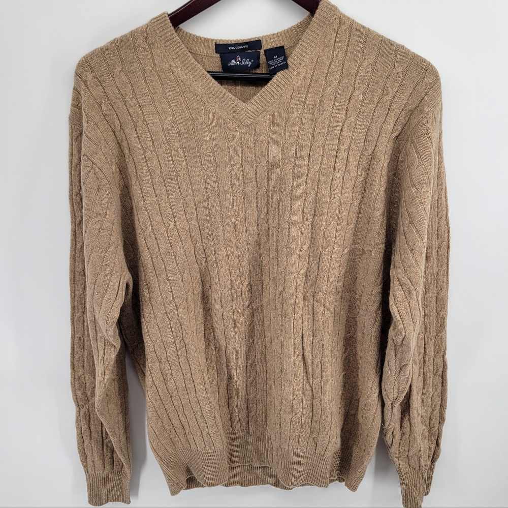 Allen Solly Cashmere Cableknit  Men's Beige V-Neck Sweater Size Medium